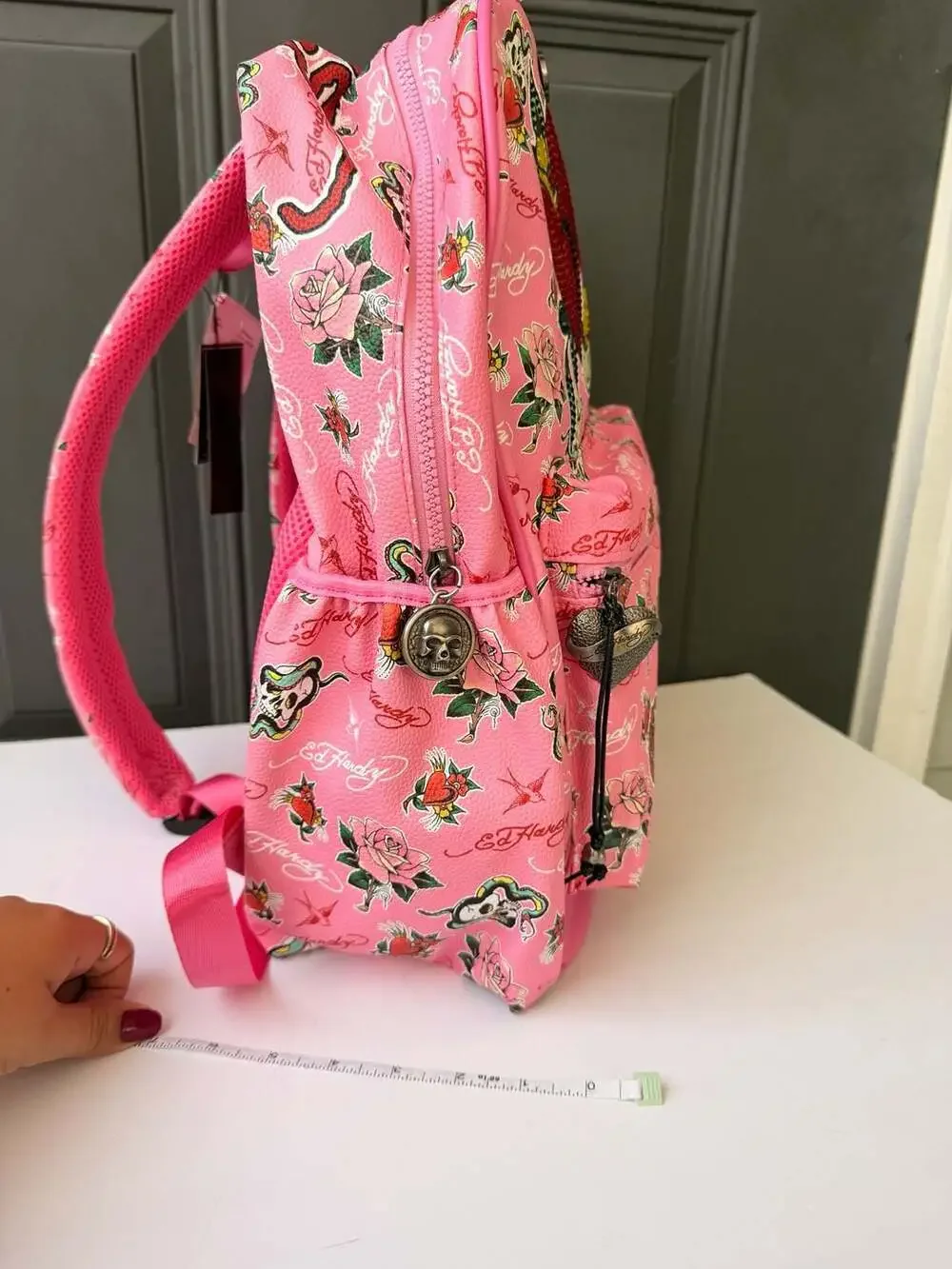 Ed Hardy Pink Tattoo Print Vegan Leather Backpack